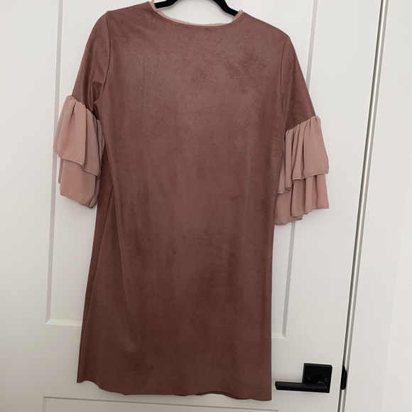 Luisa Perla Rose Ruffle Sleeve Suede Dress - Picture 11 of 14